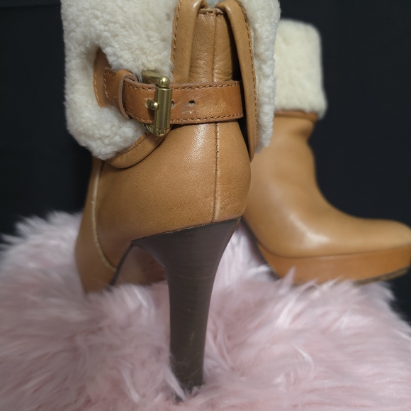 Coach Shearling Boots Apple Leather High Heel Luggage Brown Size 6.5 - Picture 2 of 13